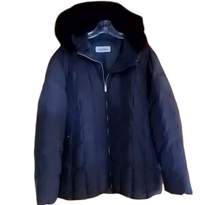Calvin Klein Black Hooded Down Filled Puffer w/Genuine Finland Fox Trim size XL
